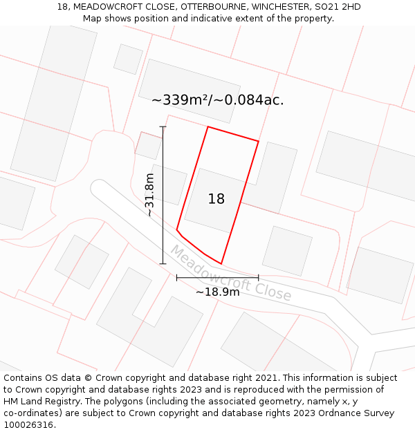 18, MEADOWCROFT CLOSE, OTTERBOURNE, WINCHESTER, SO21 2HD: Plot and title map