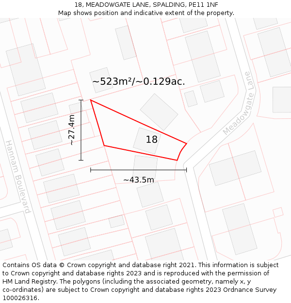 18, MEADOWGATE LANE, SPALDING, PE11 1NF: Plot and title map