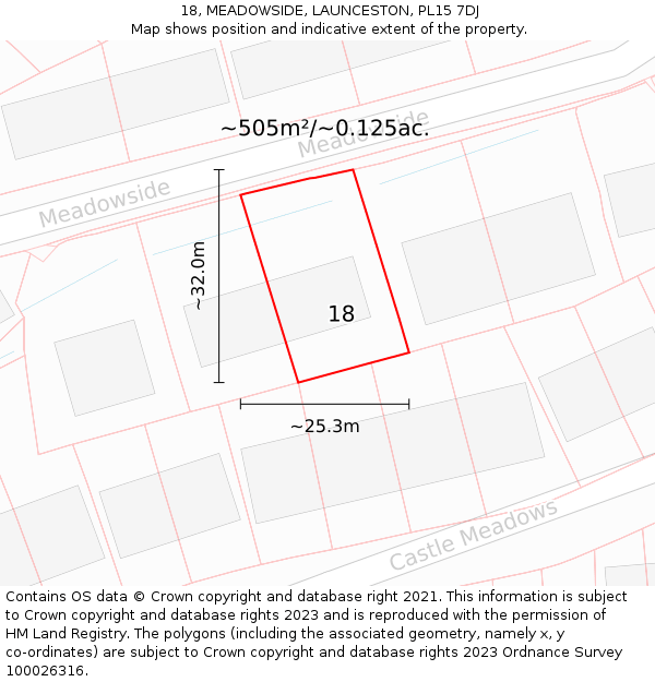 18, MEADOWSIDE, LAUNCESTON, PL15 7DJ: Plot and title map