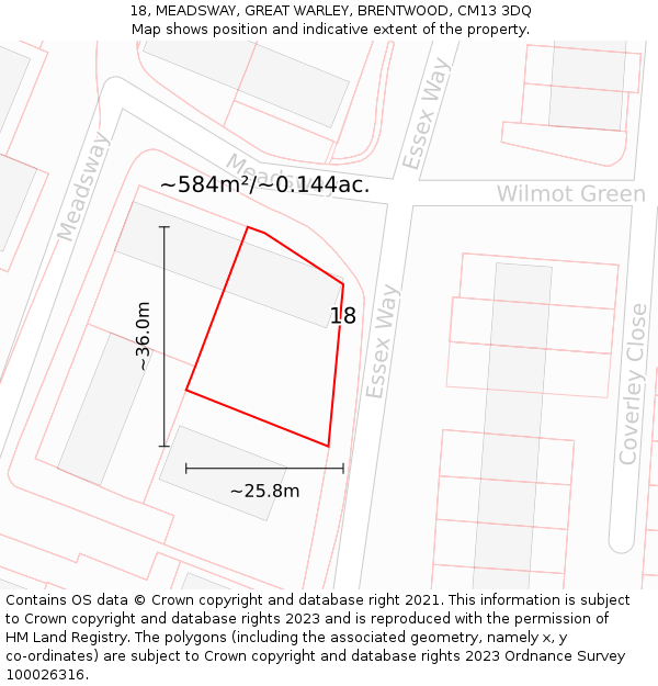 18, MEADSWAY, GREAT WARLEY, BRENTWOOD, CM13 3DQ: Plot and title map