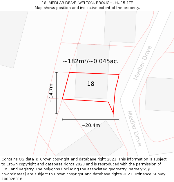 18, MEDLAR DRIVE, WELTON, BROUGH, HU15 1TE: Plot and title map