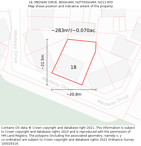 18, MEDWAY DRIVE, BINGHAM, NOTTINGHAM, NG13 8YD: Plot and title map