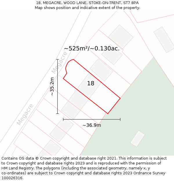 18, MEGACRE, WOOD LANE, STOKE-ON-TRENT, ST7 8PA: Plot and title map