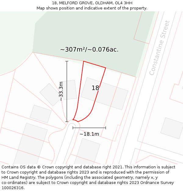 18, MELFORD GROVE, OLDHAM, OL4 3HH: Plot and title map