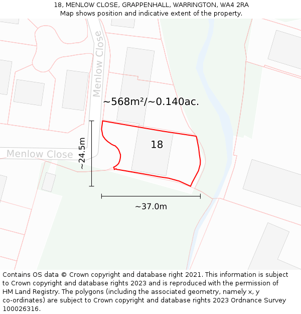 18, MENLOW CLOSE, GRAPPENHALL, WARRINGTON, WA4 2RA: Plot and title map
