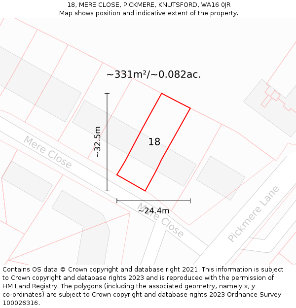 18, MERE CLOSE, PICKMERE, KNUTSFORD, WA16 0JR: Plot and title map