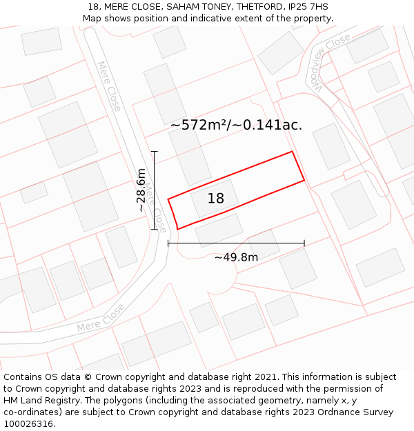 18, MERE CLOSE, SAHAM TONEY, THETFORD, IP25 7HS: Plot and title map