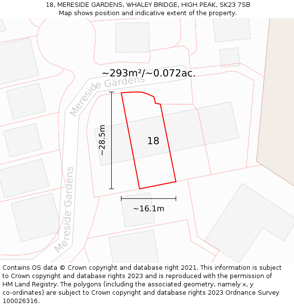 18, MERESIDE GARDENS, WHALEY BRIDGE, HIGH PEAK, SK23 7SB: Plot and title map