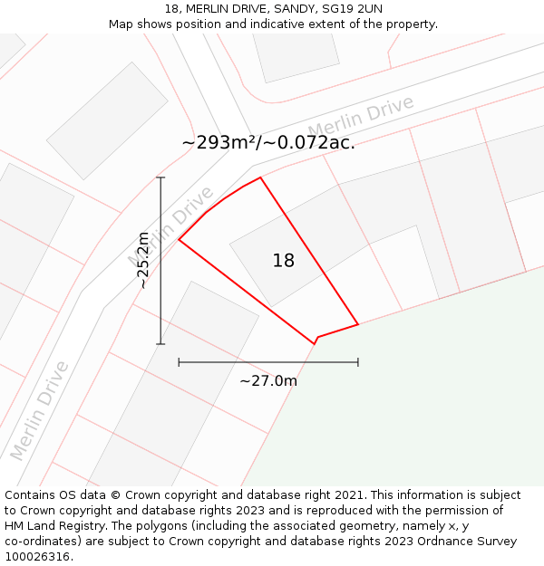 18, MERLIN DRIVE, SANDY, SG19 2UN: Plot and title map