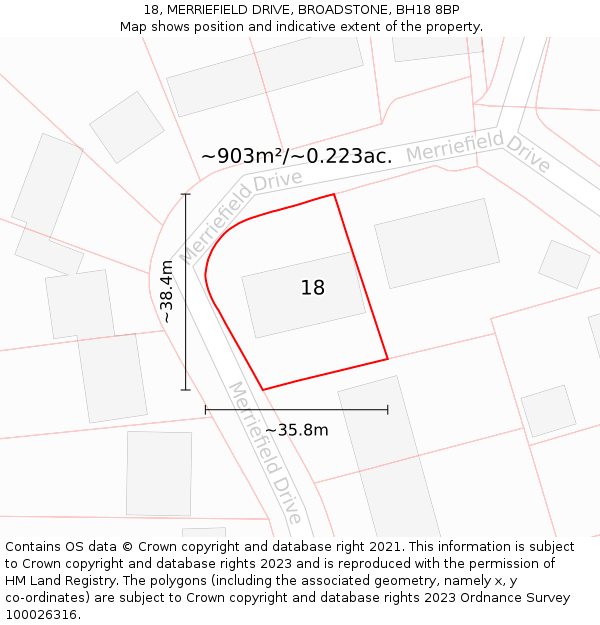 18, MERRIEFIELD DRIVE, BROADSTONE, BH18 8BP: Plot and title map