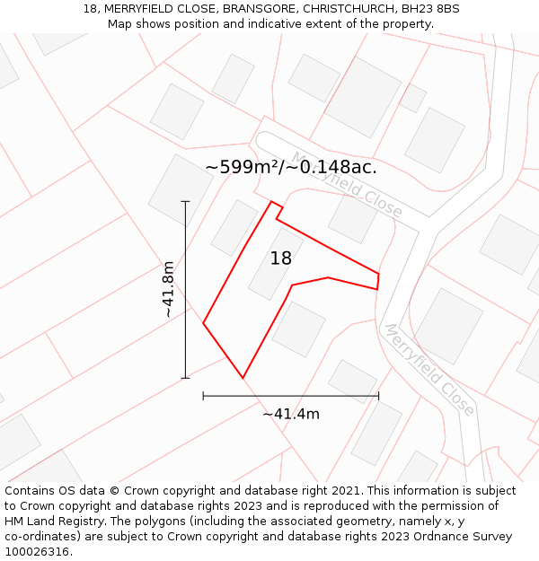 18, MERRYFIELD CLOSE, BRANSGORE, CHRISTCHURCH, BH23 8BS: Plot and title map