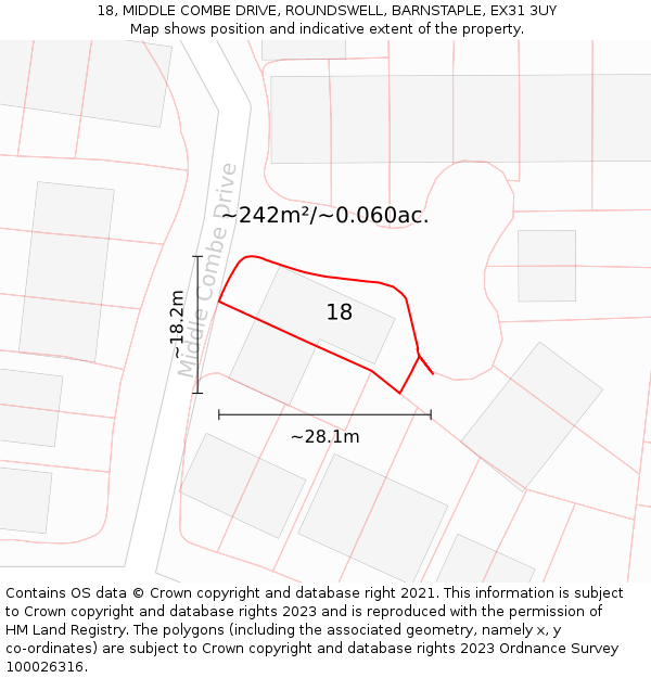 18, MIDDLE COMBE DRIVE, ROUNDSWELL, BARNSTAPLE, EX31 3UY: Plot and title map