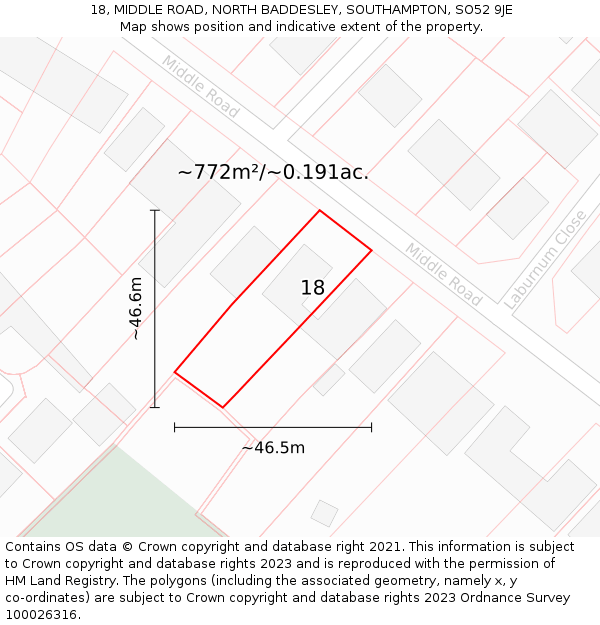 18, MIDDLE ROAD, NORTH BADDESLEY, SOUTHAMPTON, SO52 9JE: Plot and title map