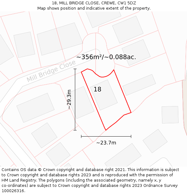 18, MILL BRIDGE CLOSE, CREWE, CW1 5DZ: Plot and title map