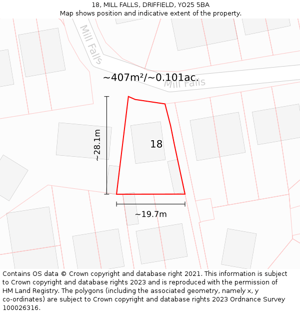 18, MILL FALLS, DRIFFIELD, YO25 5BA: Plot and title map