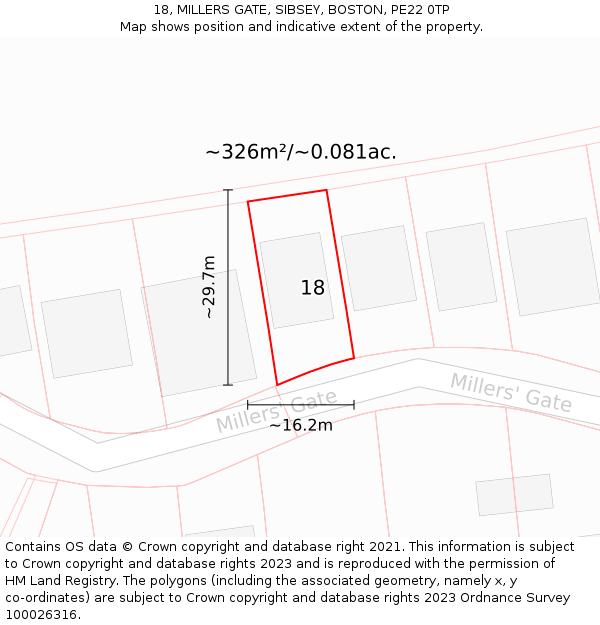 18, MILLERS GATE, SIBSEY, BOSTON, PE22 0TP: Plot and title map