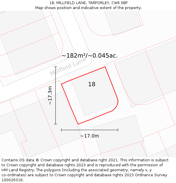 18, MILLFIELD LANE, TARPORLEY, CW6 0BF: Plot and title map