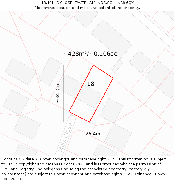 18, MILLS CLOSE, TAVERHAM, NORWICH, NR8 6QX: Plot and title map