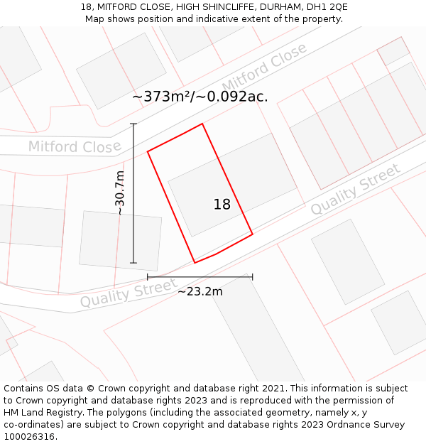 18, MITFORD CLOSE, HIGH SHINCLIFFE, DURHAM, DH1 2QE: Plot and title map