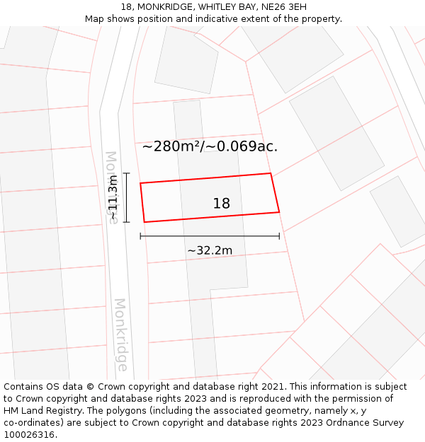 18, MONKRIDGE, WHITLEY BAY, NE26 3EH: Plot and title map