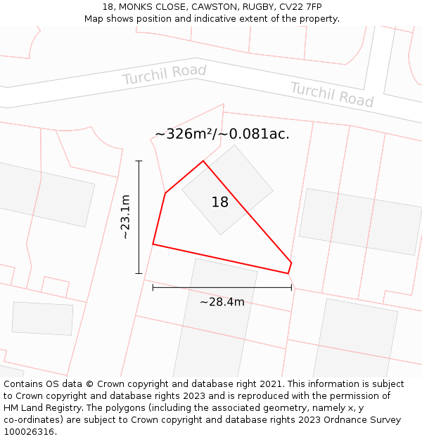 18, MONKS CLOSE, CAWSTON, RUGBY, CV22 7FP: Plot and title map