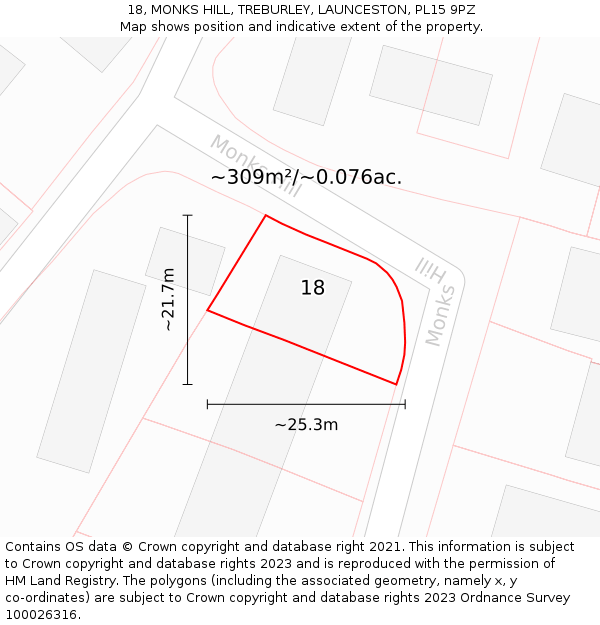 18, MONKS HILL, TREBURLEY, LAUNCESTON, PL15 9PZ: Plot and title map