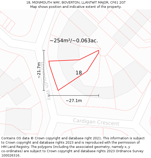 18, MONMOUTH WAY, BOVERTON, LLANTWIT MAJOR, CF61 2GT: Plot and title map