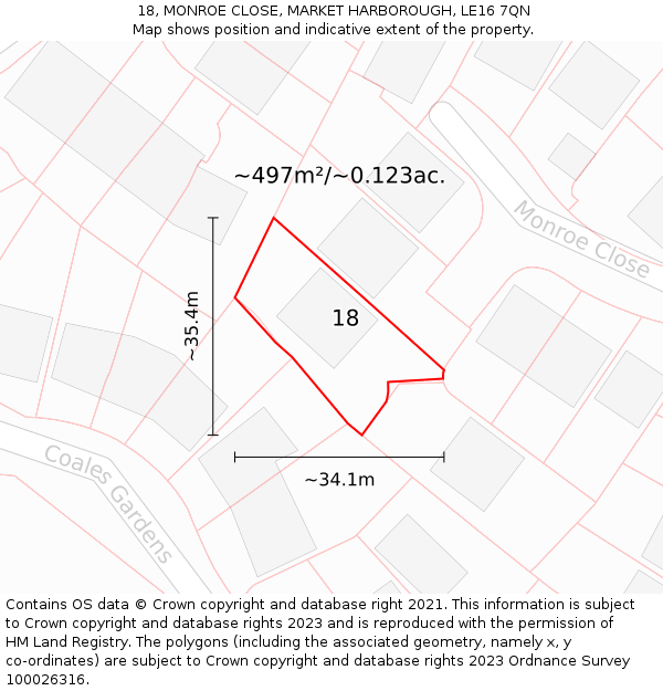 18, MONROE CLOSE, MARKET HARBOROUGH, LE16 7QN: Plot and title map