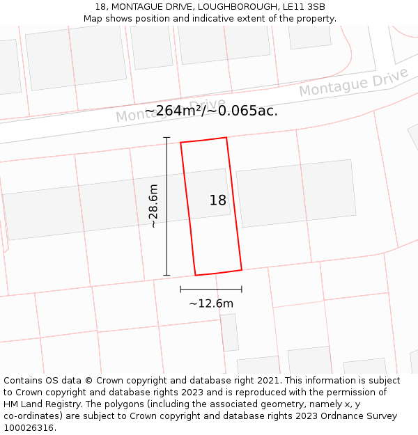 18, MONTAGUE DRIVE, LOUGHBOROUGH, LE11 3SB: Plot and title map