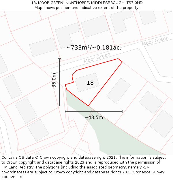 18, MOOR GREEN, NUNTHORPE, MIDDLESBROUGH, TS7 0ND: Plot and title map