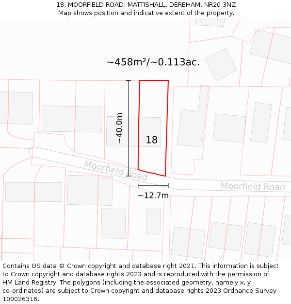 18, MOORFIELD ROAD, MATTISHALL, DEREHAM, NR20 3NZ: Plot and title map