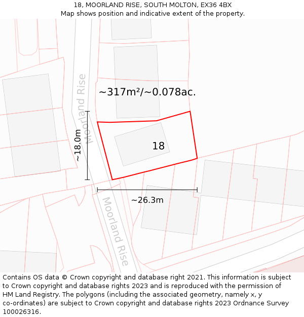 18, MOORLAND RISE, SOUTH MOLTON, EX36 4BX: Plot and title map