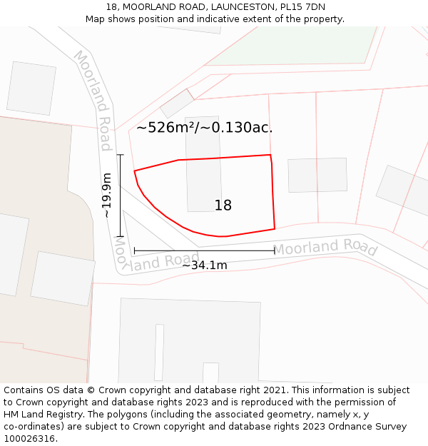 18, MOORLAND ROAD, LAUNCESTON, PL15 7DN: Plot and title map