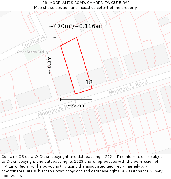 18, MOORLANDS ROAD, CAMBERLEY, GU15 3AE: Plot and title map