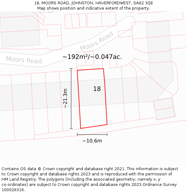 18, MOORS ROAD, JOHNSTON, HAVERFORDWEST, SA62 3QE: Plot and title map