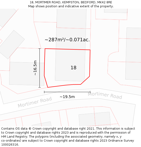 18, MORTIMER ROAD, KEMPSTON, BEDFORD, MK42 8RE: Plot and title map