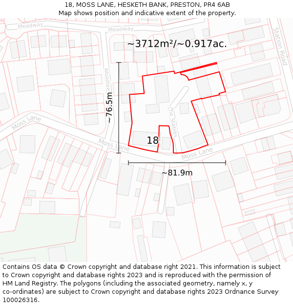 18, MOSS LANE, HESKETH BANK, PRESTON, PR4 6AB: Plot and title map