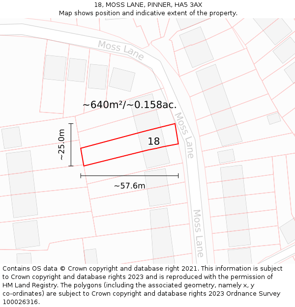 18, MOSS LANE, PINNER, HA5 3AX: Plot and title map