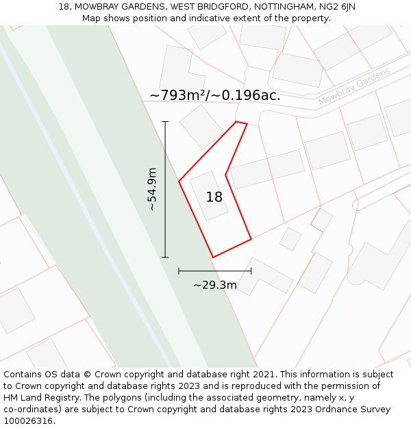 18, MOWBRAY GARDENS, WEST BRIDGFORD, NOTTINGHAM, NG2 6JN: Plot and title map