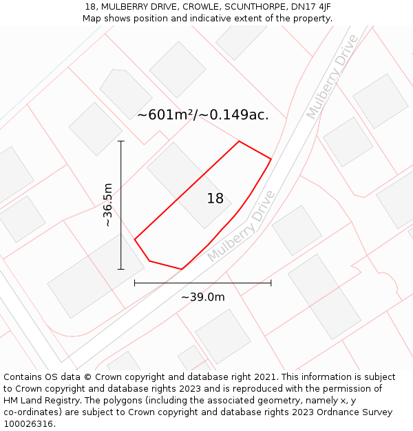 18, MULBERRY DRIVE, CROWLE, SCUNTHORPE, DN17 4JF: Plot and title map