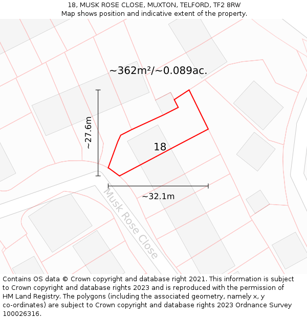 18, MUSK ROSE CLOSE, MUXTON, TELFORD, TF2 8RW: Plot and title map