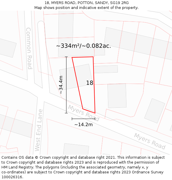 18, MYERS ROAD, POTTON, SANDY, SG19 2RG: Plot and title map