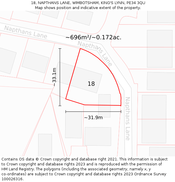 18, NAPTHANS LANE, WIMBOTSHAM, KING'S LYNN, PE34 3QU: Plot and title map