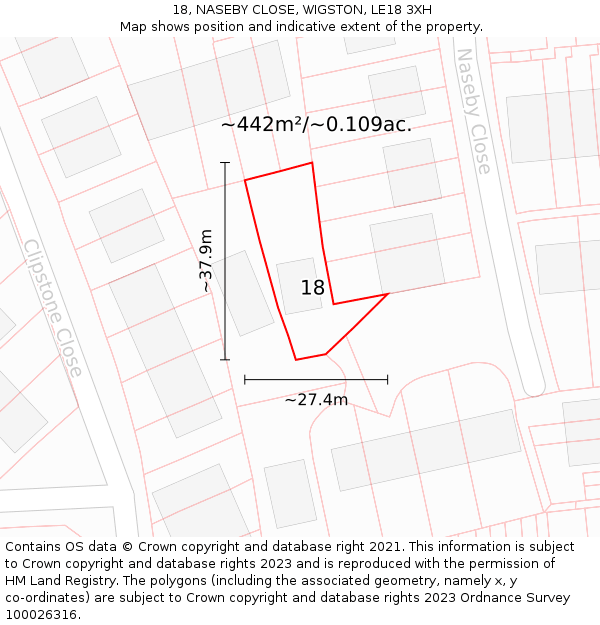 18, NASEBY CLOSE, WIGSTON, LE18 3XH: Plot and title map