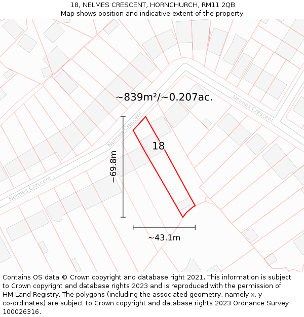 18, NELMES CRESCENT, HORNCHURCH, RM11 2QB: Plot and title map