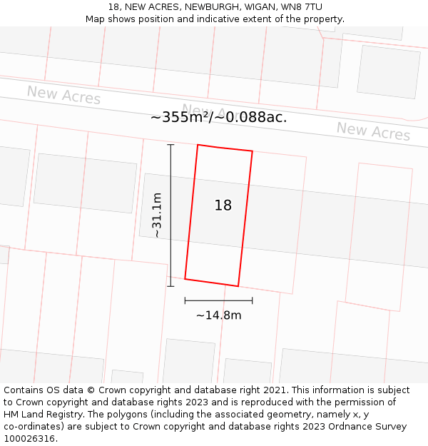 18, NEW ACRES, NEWBURGH, WIGAN, WN8 7TU: Plot and title map