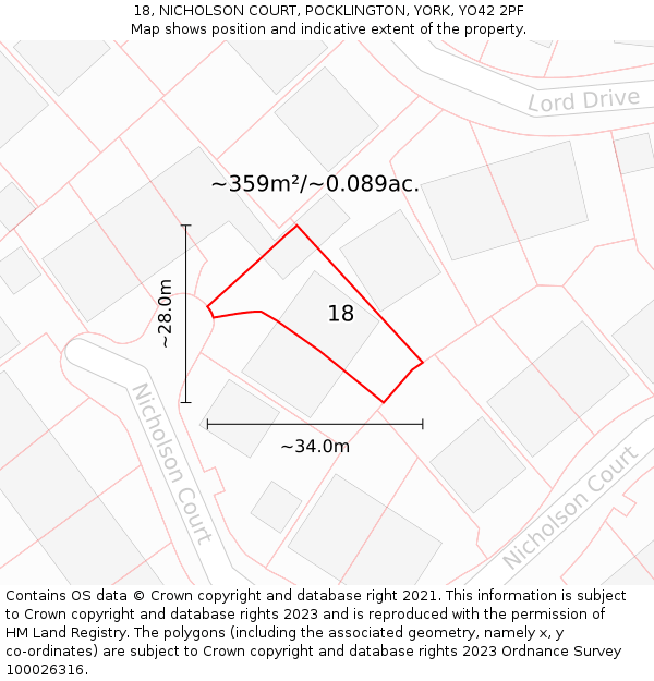 18, NICHOLSON COURT, POCKLINGTON, YORK, YO42 2PF: Plot and title map