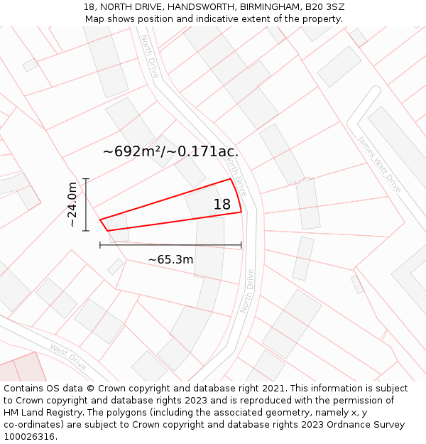 18, NORTH DRIVE, HANDSWORTH, BIRMINGHAM, B20 3SZ: Plot and title map