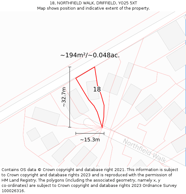 18, NORTHFIELD WALK, DRIFFIELD, YO25 5XT: Plot and title map