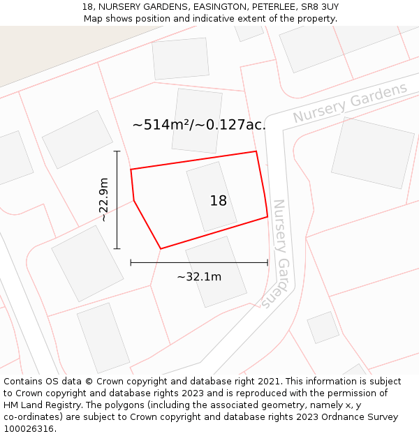 18, NURSERY GARDENS, EASINGTON, PETERLEE, SR8 3UY: Plot and title map